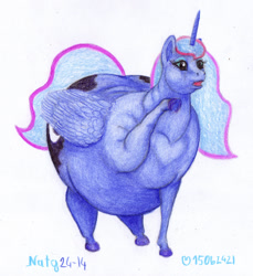 Size: 1200x1312 | Tagged: safe, artist:soobel, princess luna, alicorn, pony, g4, atg 2024, fat, newbie artist training grounds, obese, open mouth, princess moonpig, raised hoof, solo, traditional art