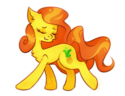 Size: 1749x1351 | Tagged: safe, artist:akva prapor, oc, oc only, oc:anna pine, earth pony, pony, curly mane, eyes closed, orange mane, pineapple, simple background, smiling, solo, white background, yellow coat