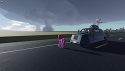 Size: 1858x1057 | Tagged: safe, pinkie pie, earth pony, pony, g4, 3d, female, game screencap, long legs, road, roblox, solo, tornado, tornado intercept vehicle, tree, twisted (game), vehicle