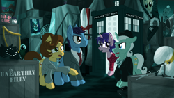 Size: 3996x2247 | Tagged: safe, artist:sixes&sevens, pony, barbara wright, crates, doctor who, first doctor, ian chesterton, junkyard, night, outdoors, ponified, susan foreman, tardis, wallpaper