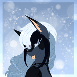 Size: 4320x4320 | Tagged: safe, artist:chazmazda, oc, oc only, pony, :p, abstract background, bust, colored, detailed, ears up, flat colors, hair highlight, head tilt, highlight, jewelry, long hair, necklace, portrait, smiling, snow, solo, tongue out, wide eyes