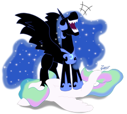 Size: 1852x1665 | Tagged: safe, artist:zeccy, nightmare moon, princess celestia, alicorn, pony, g4, atg 2024, defeated, duo, duo female, female, laughing, newbie artist training grounds, sharp teeth, simple background, teeth, transparent background