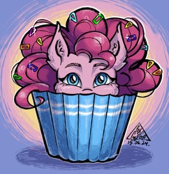 Size: 1983x2048 | Tagged: safe, artist:gigisarts, pinkie pie, earth pony, pony, g4, bust, food, muffin, pinkie being pinkie, portrait, procreate app, signature, solo