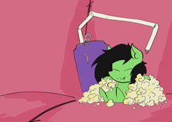 Size: 1967x1392 | Tagged: safe, artist:ponny, oc, oc only, oc:filly anon, earth pony, pony, colored, couch, couch potato, drink, eating, female, filly, foal, food, meep, popcorn, smol, soda, soda can, solo, tiny, tiny ponies