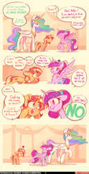 Size: 2400x4661 | Tagged: safe, artist:lummh, artist:scribble-potato, princess cadance, princess celestia, sunset shimmer, alicorn, pony, unicorn, comic:the princess of love, g4, 4 panel comic, angry, bow, comic, cute, emanata, female, filly, filly sunset shimmer, foal, hair bow, height difference, horn, madorable, mare, physique difference, ponytail, pouting, shimmerbetes, speech bubble, sweat, sweatdrop, tail, tail bow, tall, teen princess cadance, teenager, young cadance, younger, younger female