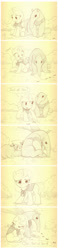 Size: 759x3258 | Tagged: safe, artist:sherwoodwhisper, oc, oc only, oc:eri, ant, anteater, insect, pony, unicorn, comic:antlantis, cape, circle of life, clothes, crying, female, filly, foal, horn, monochrome, mother and child, sad, speech bubble