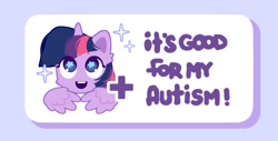 Size: 1600x810 | Tagged: safe, artist:mirtash, part of a set, twilight sparkle, alicorn, pony, g4, alternate eye color, autism spectrum disorder, autistic twilight, blue background, blue pupils, button, cheek fluff, colored eyelashes, colored pinnae, colored pupils, ear fluff, eye clipping through hair, eyelashes, female, horn, looking up, mare, miiverse, multicolored mane, open mouth, open smile, plus sign, purple coat, purple eyelashes, purple eyes, purple text, reaction image, shadow, shiny eyes, simple background, smiling, solo, sparkles, starry eyes, teeth, text, three toned mane, tri-color mane, tri-colored mane, tricolor mane, tricolored mane, twilight sparkle (alicorn), unicorn horn, wing fluff, wingding eyes, wings, wings down, yeah! (miiverse)