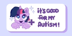 Size: 1600x810 | Tagged: safe, alternate version, artist:mirtash, part of a set, twilight sparkle, alicorn, pony, g4, alternate eye color, autism spectrum disorder, autistic twilight, blue background, blue pupils, button, cheek fluff, colored eyelashes, colored pinnae, colored pupils, digital art, ear fluff, eye clipping through hair, eyelashes, female, horn, looking up, low quality, mare, miiverse, multicolored mane, open mouth, open smile, pixel art, plus sign, purple coat, purple eyelashes, purple eyes, purple text, reaction image, shadow, shiny eyes, simple background, smiling, solo, sparkles, starry eyes, teeth, text, three toned mane, tri-color mane, tri-colored mane, tricolor mane, tricolored mane, twilight sparkle (alicorn), unicorn horn, wing fluff, wingding eyes, wings, wings down, yeah! (miiverse)