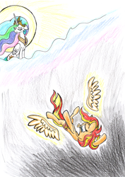 Size: 1344x1900 | Tagged: safe, artist:fleximusprime, princess celestia, sunset shimmer, alicorn, unicorn, g4, atg 2024, crying, duo, duo female, falling, female, horn, newbie artist training grounds, wings
