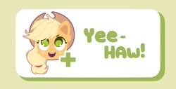 Size: 1600x810 | Tagged: safe, artist:mirtash, part of a set, applejack, earth pony, pony, g4, applejack's hat, blonde mane, button, cheek fluff, colored eyelashes, colored pinnae, cowboy hat, cream background, ear fluff, eyelashes, female, freckles, green eyelashes, green eyes, green text, hat, head only, looking up, mare, miiverse, open mouth, open smile, orange coat, plus sign, ponytail, reaction image, shadow, shiny eyes, simple background, smiling, solo, stetson, teeth, text, tied mane, yeah! (miiverse), yeehaw