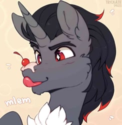 Size: 660x676 | Tagged: safe, artist:trickate, oc, oc only, oc:supershadow_th, pony, unicorn, bust, cheek fluff, cherry, chin fluff, ear fluff, food, food on face, horn, male, mlem, not sombra, portrait, red eyes, silly, solo, stallion, tongue out