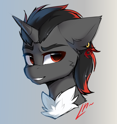 Size: 2382x2520 | Tagged: safe, artist:lunylin, oc, oc only, oc:supershadow_th, pony, unicorn, bust, ear piercing, gradient background, horn, piercing, portrait, signature, solo