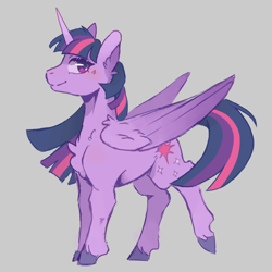 Size: 1768x1768 | Tagged: safe, artist:flaming-trash-can, twilight sparkle, alicorn, pony, g4, chest fluff, gray background, simple background, smiling, solo, twilight sparkle (alicorn), unshorn fetlocks