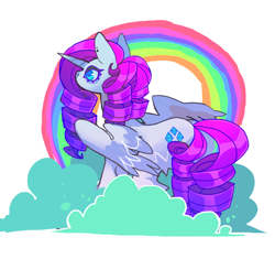 Size: 824x776 | Tagged: safe, artist:cutesykill, rarity, alicorn, pony, g4, alicornified, bags under eyes, black eyeshadow, blue eyes, blue sclera, butt fluff, cloud, colored, colored eyelashes, colored sclera, curly mane, curly tail, ear piercing, earring, eyeshadow, female, horn, jewelry, makeup, mare, no mouth, partially open wings, piercing, purple eyelashes, purple mane, purple tail, race swap, rainbow, raricorn, redraw, ringlets, shiny mane, shiny tail, simple background, slit pupils, solo, standing, tail, tall ears, unicorn horn, white background, white coat, wings