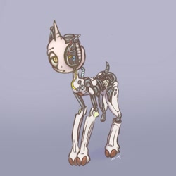 Size: 1343x1343 | Tagged: safe, artist:tuskonline, oc, oc only, pony, robot, robot pony, blue background, golden eyes, gradient background, horn, looking at you, metal, missing limb, ribcage, solo, tube, wires