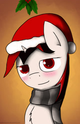 Size: 1092x1692 | Tagged: safe, artist:makc-hunter, oc, oc only, oc:blackjack, pony, unicorn, fallout equestria, fallout equestria: project horizons, bedroom eyes, blush lines, blushing, chest fluff, christmas, clothes, fanfic art, female, gradient background, hat, holiday, horn, mare, mistletoe, orange background, santa hat, scarf, small horn, smiling, solo, striped scarf