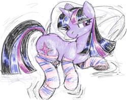 Size: 777x613 | Tagged: safe, artist:goregys, twilight sparkle, pony, unicorn, g4, bed, clothes, dock, female, horn, mare, on bed, pillow, sketch, socks, striped socks, tail, unicorn twilight