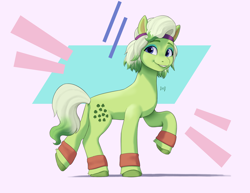 Size: 3208x2480 | Tagged: safe, artist:pwnagespartan, minty (g5), earth pony, pony, g5, butt, female, headband, leg band, mare, plot, raised hoof, raised leg, smiling, solo, standing on two hooves