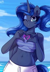 Size: 3300x4700 | Tagged: safe, artist:shadowreindeer, princess luna, alicorn, anthro, g4, alicorn horn, alternate hairstyle, beach, belly button, breasts, busty princess luna, clothes, cute, female, flowing mane, flowing tail, folded wings, heart, heart hands, horn, long horn, looking at you, lunabetes, midriff, ocean, one eye closed, ponytail, reasonably sized breasts, sexy, solo, stupid sexy princess luna, summer, sunlight, tail, tank top, water, wings, wings down, wink, winking at you