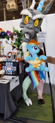 Size: 1832x4080 | Tagged: safe, artist:littlefairyswonders, artist:straycatcrafts, discord, rainbow dash, pony, g4, holding a pony, irl, photo, plushie, pyrkon, smiling