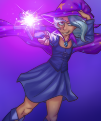 Size: 2188x2620 | Tagged: safe, artist:zigmeow, trixie, human, equestria girls, g4, cape, clothes, delicious flat chest, female, flatrixie, gradient background, grin, hand on hat, hat, magic, magic wand, simple background, smiling, solo, this will end in teacups, trixie's cape, trixie's hat