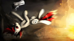 Size: 2000x1124 | Tagged: safe, artist:makc-hunter, oc, oc only, oc:blackjack, pony, unicorn, fallout equestria, fallout equestria: project horizons, action pose, explosion, fanfic art, female, gritted teeth, gun, handgun, hidden horn, horn, magic, mare, pistol, red eyes, revolver, small horn, solo, teeth, telekinesis, unicorn oc, weapon