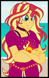 Size: 1159x1840 | Tagged: safe, artist:xxxlauravalentinexxx, sunset shimmer, human, equestria girls, g4, beach, crossed arms, female, solo