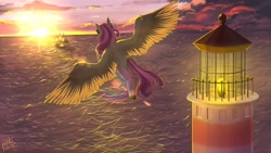 Size: 2560x1440 | Tagged: safe, artist:pikinas13, oc, oc only, oc:radiopony, pegasus, pony, backlighting, flying, lighthouse, ocean, pegasus oc, ship, solo, song cover, spread wings, sun, water, wings