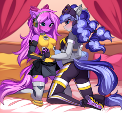 Size: 1554x1444 | Tagged: safe, alternate version, artist:airiniblock, oc, oc only, oc:cinnabyte, oc:lillybit, earth pony, anthro, anthro oc, bed, bedroom, bow, duo, duo female, earth pony oc, female, fingers interlocked, headphones, holding hands, i:p masquerena, kneeling, mare, outfit, roller skates, s:p little knight, skates, yu-gi-oh!