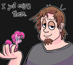 Size: 2239x1968 | Tagged: safe, artist:smirk, pinkie pie, human, pony, g4, brony, dialogue, facial hair, figurine, goatee, lidded eyes, simple background, smiling