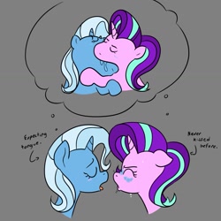 Size: 1155x1155 | Tagged: safe, artist:this_sl0th, starlight glimmer, trixie, pony, unicorn, g4, blush lines, blushing, drool, duo, duo female, ears back, female, gray background, horn, imminent kissing, kiss on the lips, kissing, lesbian, making out, meme, reality ensues, ship:startrix, shipping, simple background, sweat, sweatdrop, sweatdrops, thought bubble, worried