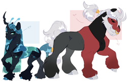 Size: 8173x5305 | Tagged: safe, artist:glorymoon, lord tirek, queen chrysalis, changeling, changeling queen, demon, demon pony, pony, g4, alternate design, antennae, black sclera, body markings, colored hooves, duo, duo male and female, eyeshadow, female, gradient legs, heart, hooves, makeup, male, nose piercing, nose ring, passepartout, piercing, ponified, pony tirek, ponytail, ship:chrysirek, shipping, sparkly mane, sparkly tail, species swap, straight, tail, unshorn fetlocks