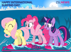 Size: 2560x1874 | Tagged: safe, artist:zslnews, fluttershy, pinkie pie, twilight sparkle, alicorn, earth pony, pegasus, pony, g4, ^^, eyes closed, female, ocean, open mouth, surfing, trio, trio female, twilight sparkle (alicorn), water, wave