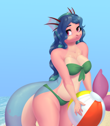 Size: 2620x3000 | Tagged: safe, artist:nika-rain, oc, oc only, pony, anthro, beach, beach ball, beautiful, breasts, clothes, ocean, plump, solo, swimsuit, water