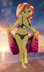 Size: 1211x2000 | Tagged: safe, artist:emeraldblast63, sunset shimmer, equestria girls, g4, barefoot, bikini, bikini babe, breasts, busty sunset shimmer, cleavage, clothes, feet, female, nail polish, sarong, show accurate, solo, stupid sexy sunset shimmer, swimsuit, towel