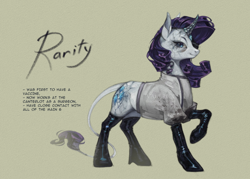 Size: 2000x1432 | Tagged: safe, artist:valericc, rarity, pony, unicorn, g4, alternate design, boots, clothes, female, horn, infection au, leonine tail, mare, scrubs (gear), shoes, simple background, solo, tail