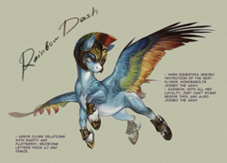 Size: 2000x1432 | Tagged: safe, artist:valericc, rainbow dash, pegasus, pony, g4, armor, bracer, coat markings, colored wings, eye scar, facial markings, facial scar, female, flying, helmet, hoof shoes, infection au, mare, mealy mouth (coat marking), multicolored wings, pale belly, princess shoes, rainbow wings, scar, socks (coat markings), solo, spread wings, wings