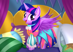 Size: 3500x2500 | Tagged: safe, artist:leonkay, twilight sparkle, alicorn, pony, g4, school daze, bed, clothes, dress, jester dress, looking at you, on bed, open mouth, open smile, pillow, smiling, solo, spread wings, standing, twilight sparkle (alicorn), twilight's bedroom, wings