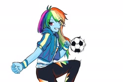 Size: 1800x1200 | Tagged: safe, artist:sugarcube269, rainbow dash, human, equestria girls, g4, clothes, female, football, grin, jacket, looking at you, motion lines, simple background, smiling, solo, sports, white background, wristband
