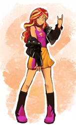 Size: 1169x1916 | Tagged: safe, artist:sugarcube269, kotobukiya, sunset shimmer, human, equestria girls, g4, bare shoulders, boots, choker, clothes, devil horn (gesture), eyebrows, eyebrows visible through hair, female, jacket, kotobukiya sunset shimmer, leather, leather jacket, looking at you, off shoulder, shoes, skirt, smiling, solo, tank top
