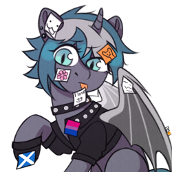 Size: 2900x2900 | Tagged: safe, artist:resoi, oc, oc only, oc:elizabrat meanfeather, alicorn, bat pony, bat pony alicorn, pony, :p, alicorn oc, bat pony oc, bat wings, bisexual pride flag, choker, clone, clothes, commission, ear piercing, earring, female, fingerless gloves, gloves, horn, jacket, jewelry, leather, leather jacket, mare, piercing, pride, pride flag, scotland, simple background, solo, spiked choker, sticker, tongue out, white background, wings, ych result