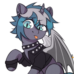 Size: 2900x2900 | Tagged: safe, alternate version, artist:resoi, derpibooru exclusive, oc, oc only, oc:elizabrat meanfeather, alicorn, bat pony, bat pony alicorn, pony, :p, alicorn oc, bat pony oc, bat wings, choker, clone, clothes, commission, ear piercing, earring, female, fingerless gloves, gloves, horn, jacket, jewelry, leather, leather jacket, mare, piercing, simple background, solo, spiked choker, tongue out, white background, wings, ych result