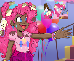 Size: 2493x2057 | Tagged: safe, artist:kat4nadepap3l, pinkie pie, earth pony, human, pony, g4, bracelet, clothes, cupcake, cutie mark on clothes, female, food, humanized, jewelry, messy hair, messy mane, scene interpretation, screencap reference, tongue out