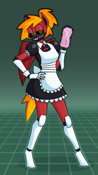 Size: 1197x2139 | Tagged: safe, artist:moonatik, oc, oc only, oc:moonatik, pegasus, robot, robot pony, anthro, abstract background, anthro oc, clothes, duster, gradient background, hair bun, hand on hip, maid, pegasus oc, solo