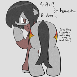 Size: 1262x1262 | Tagged: safe, artist:castafae, oc, oc only, oc:faint rune, earth pony, pony, both cutie marks, butt, clothes, dialogue, female, floppy ears, gray background, hair over one eye, looking at you, looking back, looking back at you, mare, plot, rear view, simple background, solo, sweater, swirly eyes
