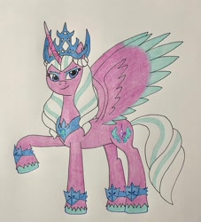 Size: 1862x2048 | Tagged: safe, artist:infernapefan_, opaline arcana, alicorn, pony, g5, bracer, crown, female, horn, jewelry, looking at you, mare, peytral, raised hoof, regalia, smiling, solo, spread wings, tail, traditional art, unshorn fetlocks, wings