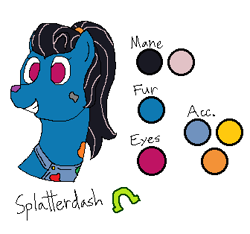 Size: 336x314 | Tagged: safe, artist:nukepony360, oc, oc only, oc:splatterdash, earth pony, bust, clothes, female, mare, overalls, paint, ponytail, portrait, scrunchie, simple background, solo, white background