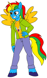 Size: 686x1138 | Tagged: safe, artist:shieldwingarmorofgod, oc, oc only, oc:shield wing, alicorn, anthro, g4, alicorn oc, clothes, horn, male, simple background, smiling, solo, transparent background, wings