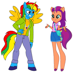 Size: 801x788 | Tagged: safe, artist:shieldwingarmorofgod, sunny starscout, oc, oc:shield wing, anthro, g4, g5, clothes, duo, duo male and female, female, g5 to g4, generation leap, male, simple background, transparent background