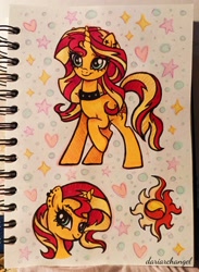 Size: 2800x3829 | Tagged: safe, artist:dariarchangel, sunset shimmer, pony, unicorn, equestria girls, g4, my little pony equestria girls, bust, choker, cute, ear piercing, earring, eyebrow piercing, heart, horn, jewelry, notebook, photo, piercing, ponified humanized pony, portrait, raised hoof, shimmerbetes, signature, sketchbook, smiling, spiked choker, stars, thick eyelashes, traditional art, two toned mane
